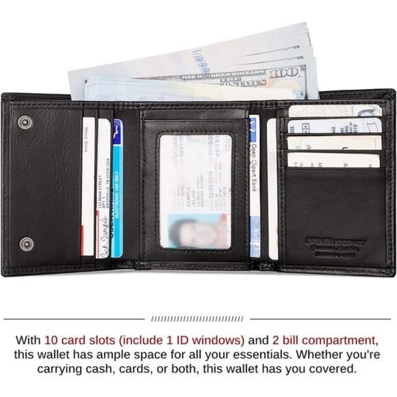 Mens Wallet with Chain, Genuine Leather Trifold Wallet RFID Blocking Anti-Theft - Picture 3 of 7